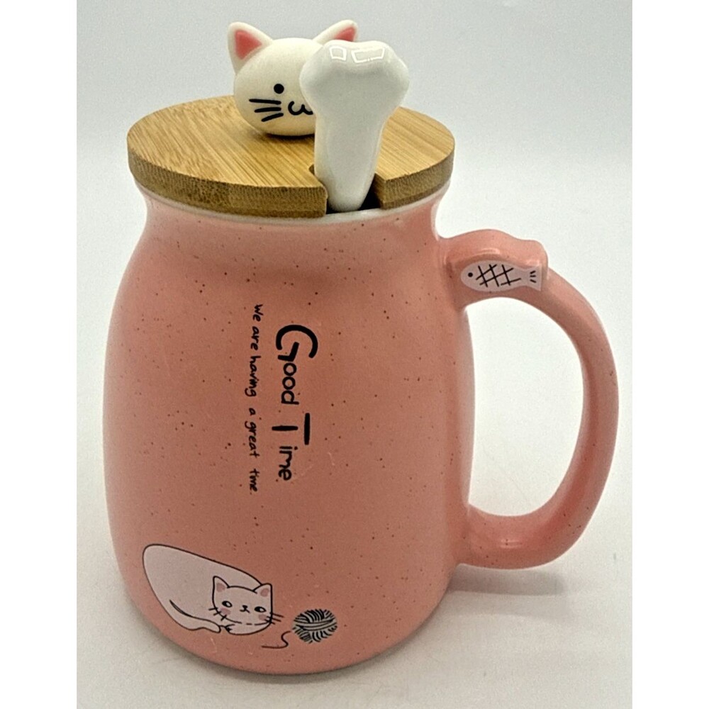 Nikou Good Time Pink Ceramic Cat Coffee/Tea Mug W/Wood Lid & Spoon 14 Oz